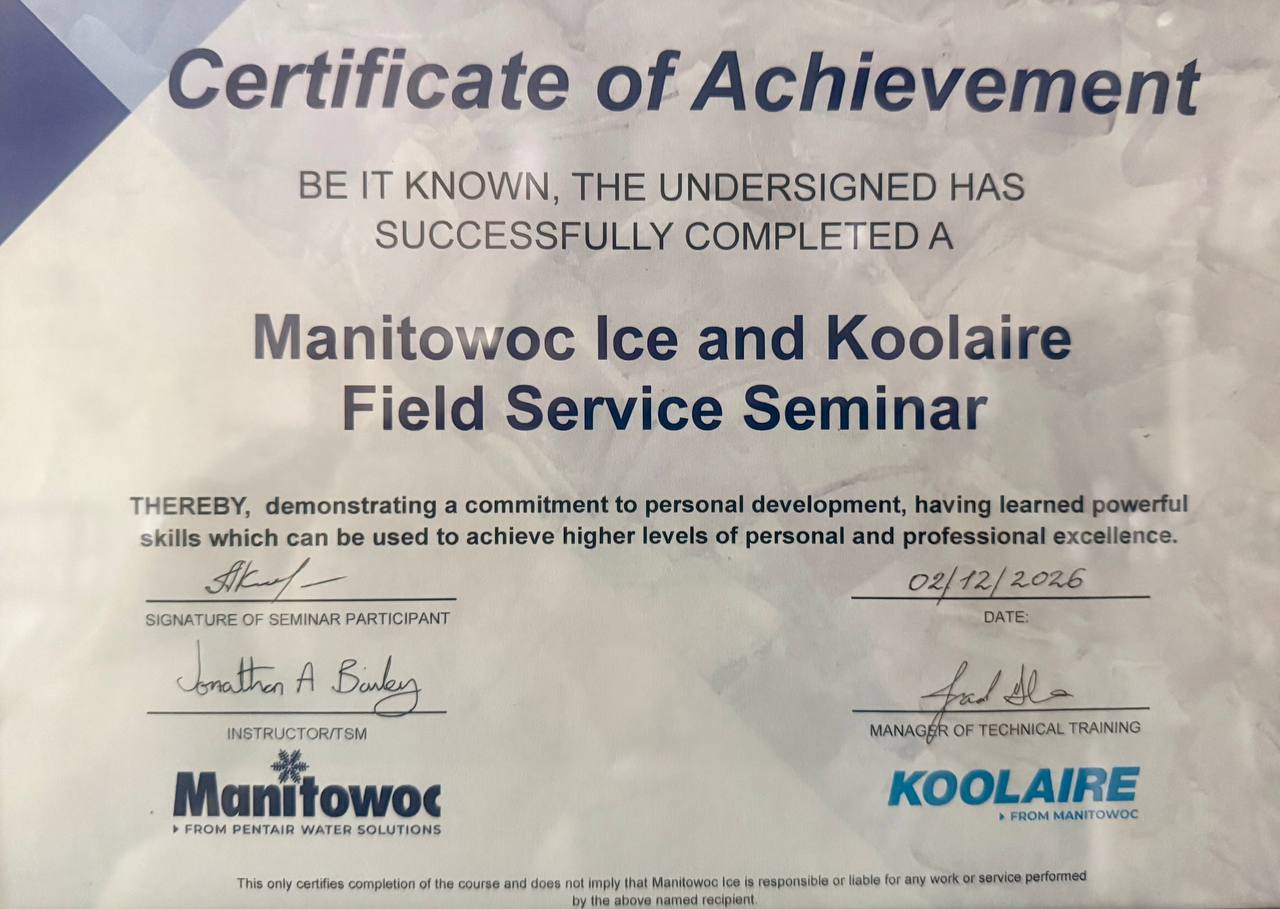 Manitowoc Ice and Koolaire Field Service Seminar certificate awarded to Andrew Kuznetsov for ice machine service